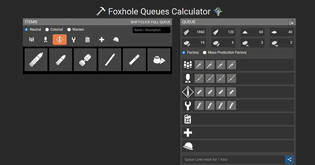 Showing the Foxhole Queues Calculator page calculating someone's items