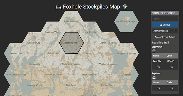 Showing the Foxhole Stockpiles Map page in action with its hidden stockpile keys