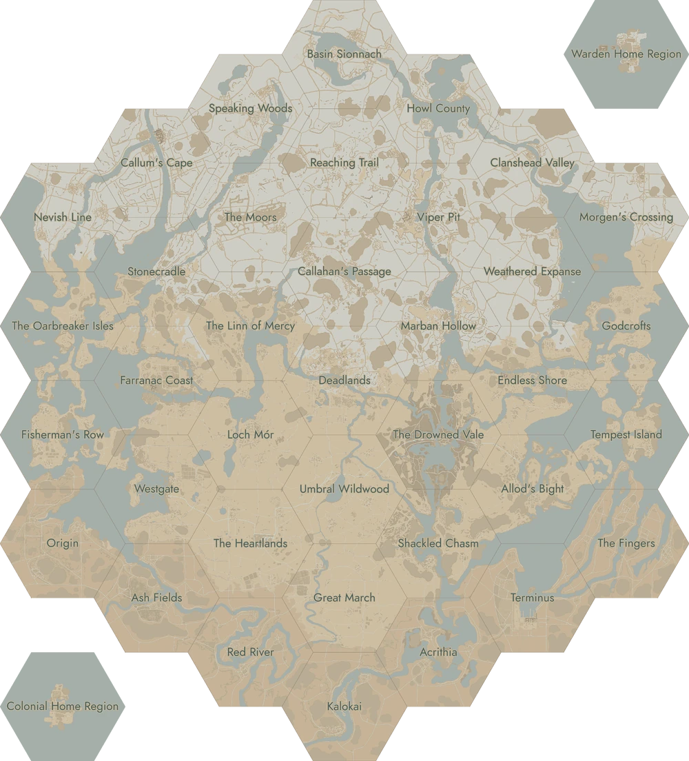 The World Map of Foxhole. Click on a region to open the corresponding stockpiles.